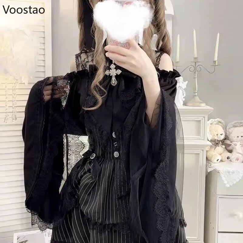 Victorian Gothic Lolita Style Shirts Japanese Women Vintage Elegant Lace Ruffles Flare Long Sleeves Blouse Female Y2k Slim Tops - Madeinsea©