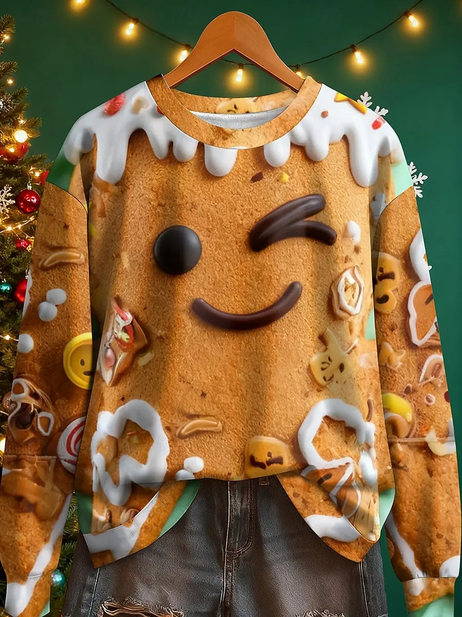 2025 Women's Christmas Face Print Sweatshirt, Holiday Home Wear, Festive Street Style, Fall Winter Casual Crewneck Pullover