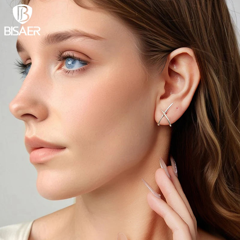 BISAER 925 Sterling Silver Double Huggie Stud Earrings Trendy  X Minimalist Hypoallergenic 14K Gold Plated Earrings for Women