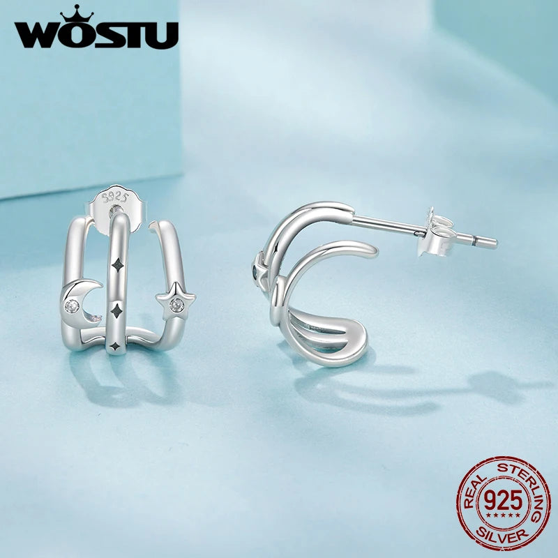 WOSTU 925 Sterling Silver Multi-layer Leaves Earrings Moon Star Fashion Trends for Women Birthday Daily Party Fine Jewelry Gift