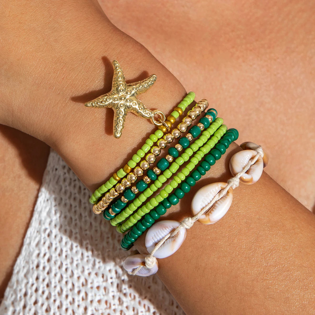 Tocona Bohemian Resort Style Shell Beaded Weaving Bracelet Beach Style Starfish Rice Beads Seven Piece Set for Women 25134 - Madeinsea©