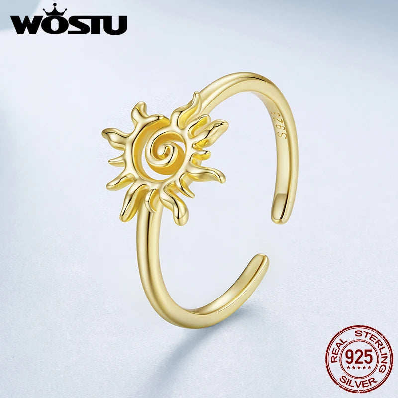 WOSTU 925 Sterling Sliver Golden Sun Open Ring For Women , 18K Gold Plate Sun Adjustable Rings Stacking Xmas Holiday Punk Gift