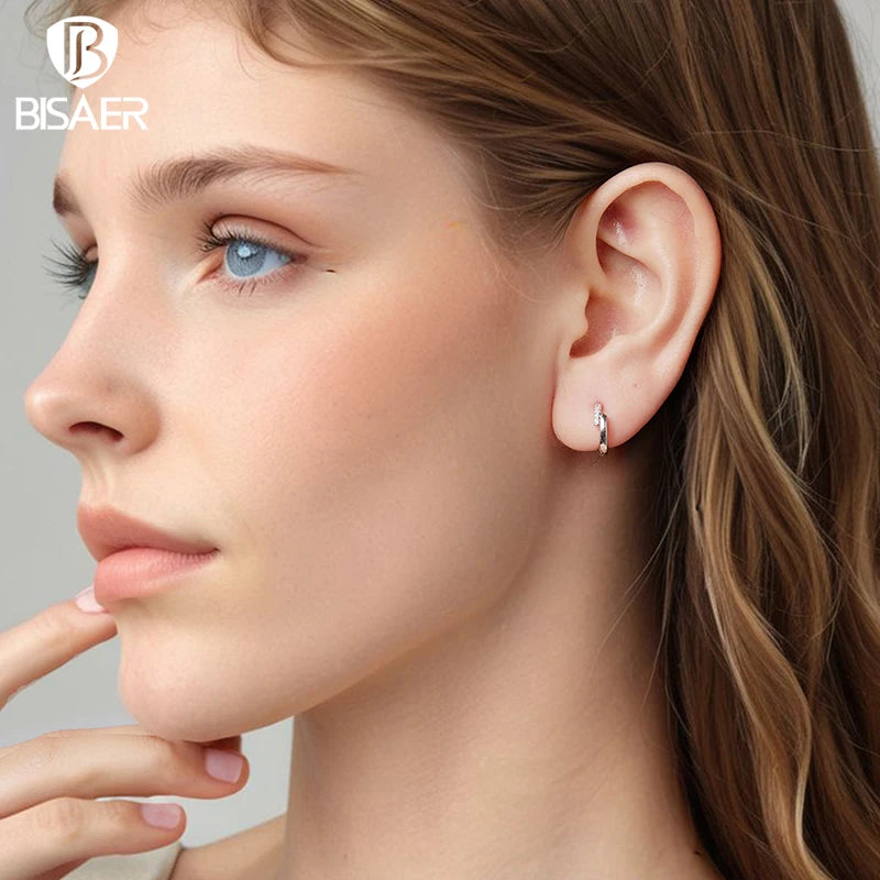 BISAER Solid 925 Sterling Silver Cross Hoop Earrings Round Huggie Earrings Plated White Gold for Women Party Fine Jewelry Gift