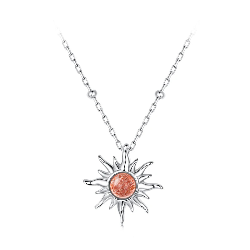 BAMOER 925 Sterling Silver Golden Sun Necklace Natural Sunstone Gem Pendant Necklace Beads Link Chain Women Mother Lucky Gift