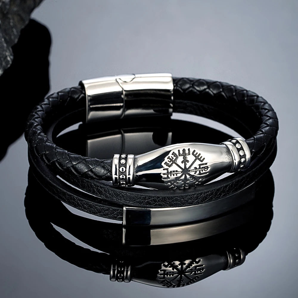 MKENDN Norse Viking Style Stainless Steel Compass Norse Runes Amulet Beads Braided Multilayer Leather Bracelet Homme Pulseras
