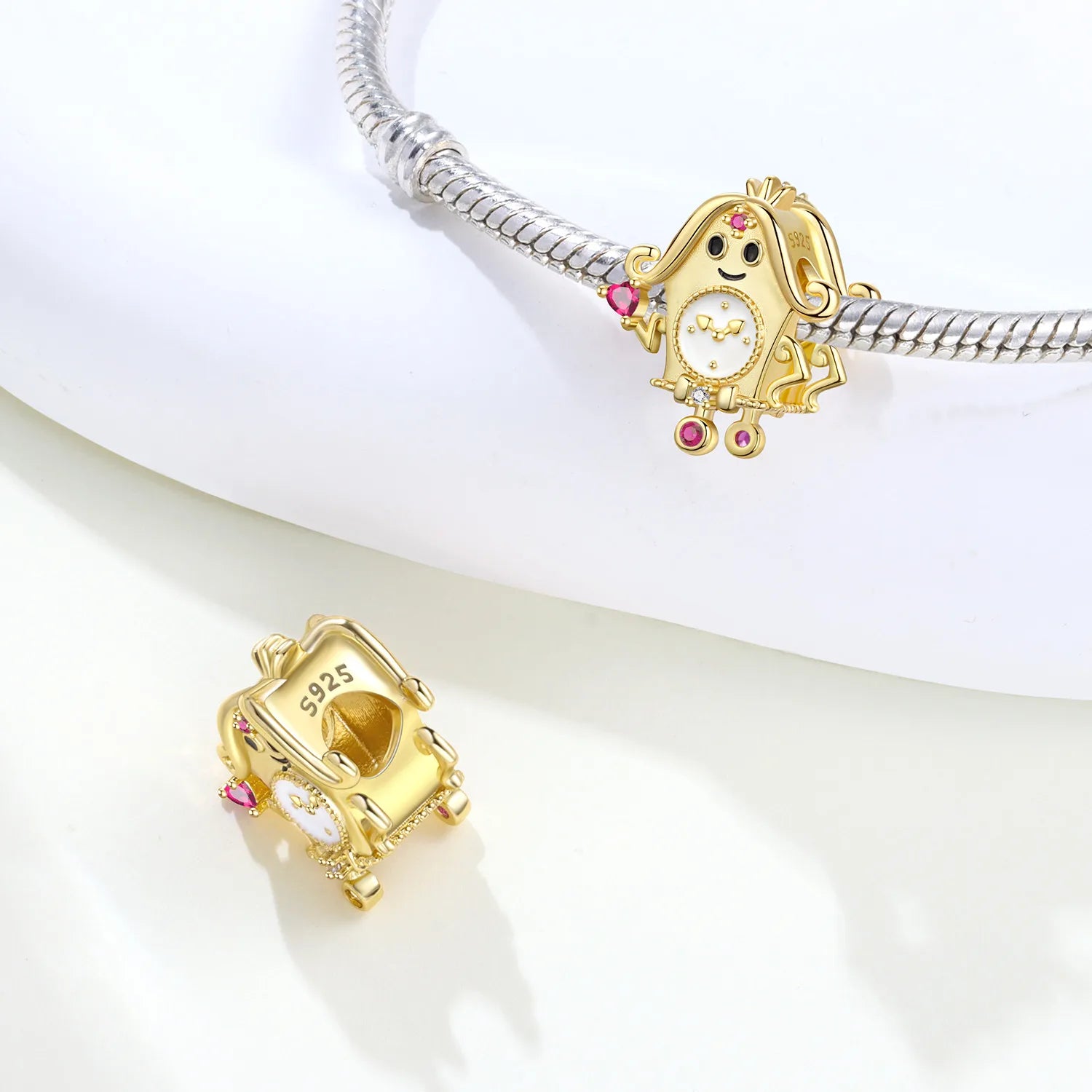 PANPOKI 925 Sterling Silver Golden Clock Queen Beads Pendant Beads Original Bracelet Charm Jewelry Party DIY Trendy Gifts