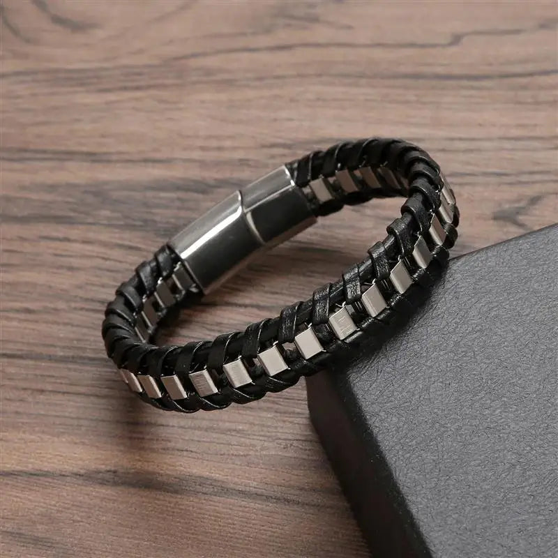 Fashion Hand-woven Stainless Steel & Leather Braided Bracelet For Men Classic Leather Bracelet Bangle Jewelry Gift