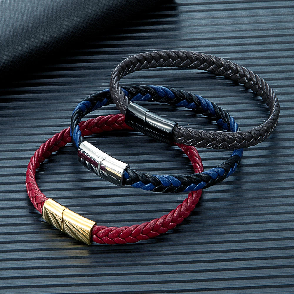MKENDN Simple Classic Stainless Steel Bracelet for Women Men Genuine Braided Leather Bangles Special Couple Jewelry Gift