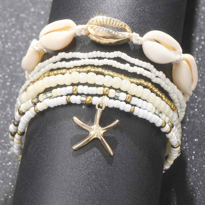 Bohemian Starfish Shell Beaded Anklet Set for Women Summer Fashion Multi-Layer Rice Beads Leg Chains Beach Jewelry Accessories - Madeinsea©