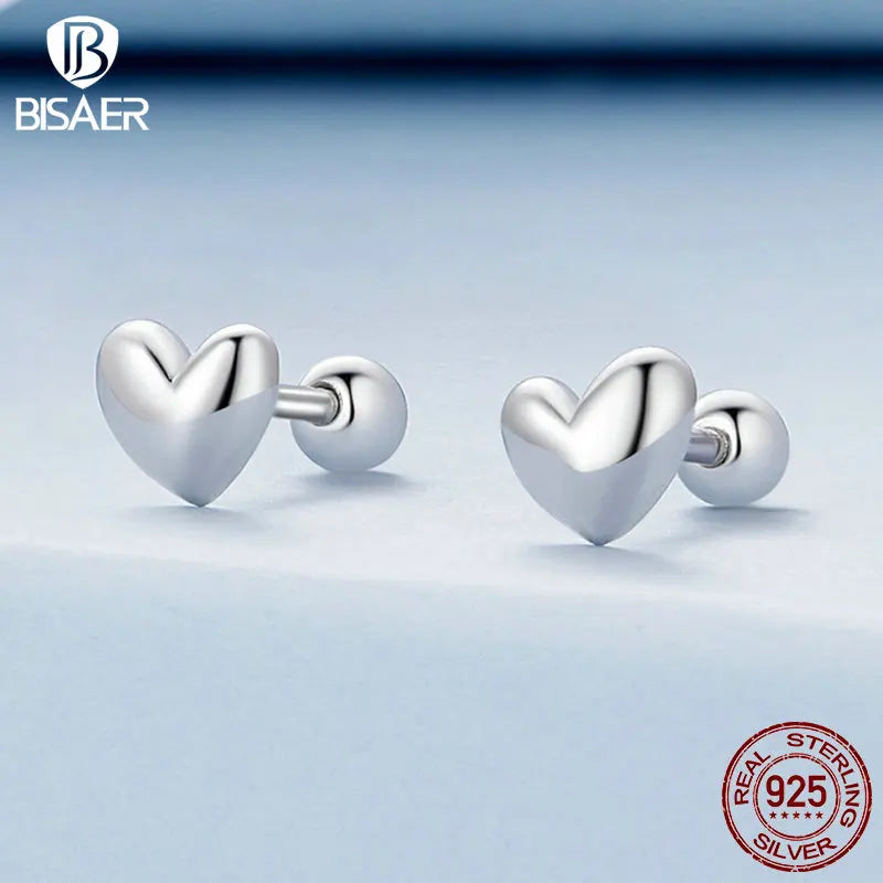 BISAER 925 Sterling Silver 18K Gold Mini Heart Stud Earrings Simple Love Hypoallergenic Earrings for Women Weedding Fine Jewelry