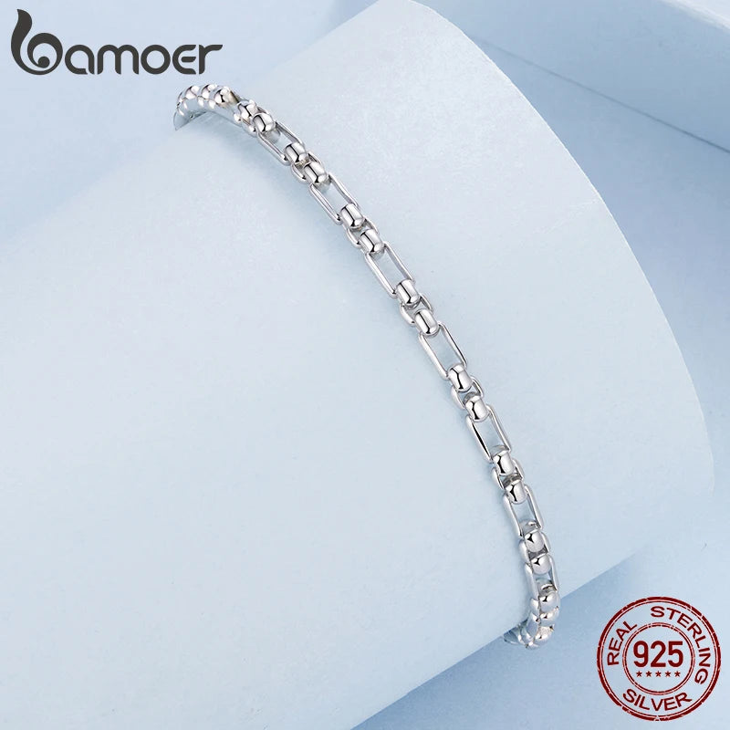 Bamoer 925 Sterling Silver Chunky Box Chain Bracelet Strand Round Beads Link Chain for Women Teens Gift Adjustable Wrist Decor