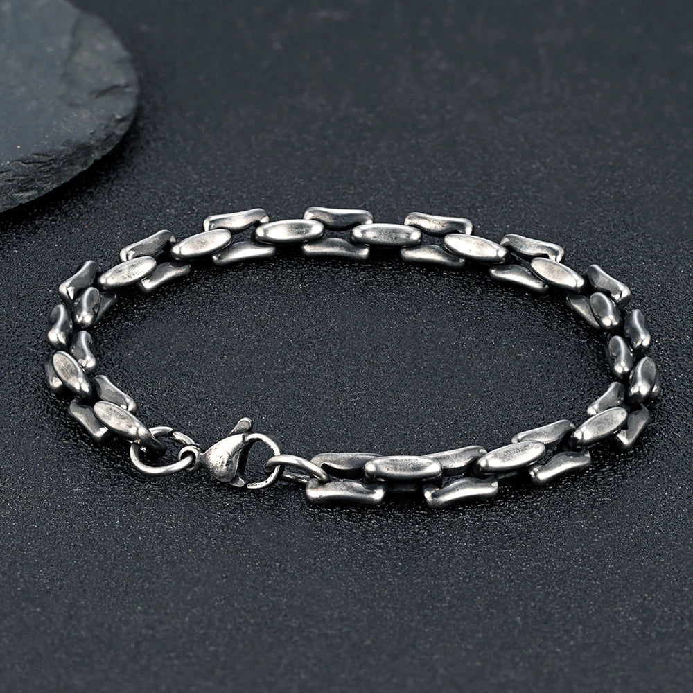 MKENDN Mens Retro Grey Rectangle Chain Bracelets 7mm Stainless Steel Wristband Punk Rock Jewelry Gift for Him Boy