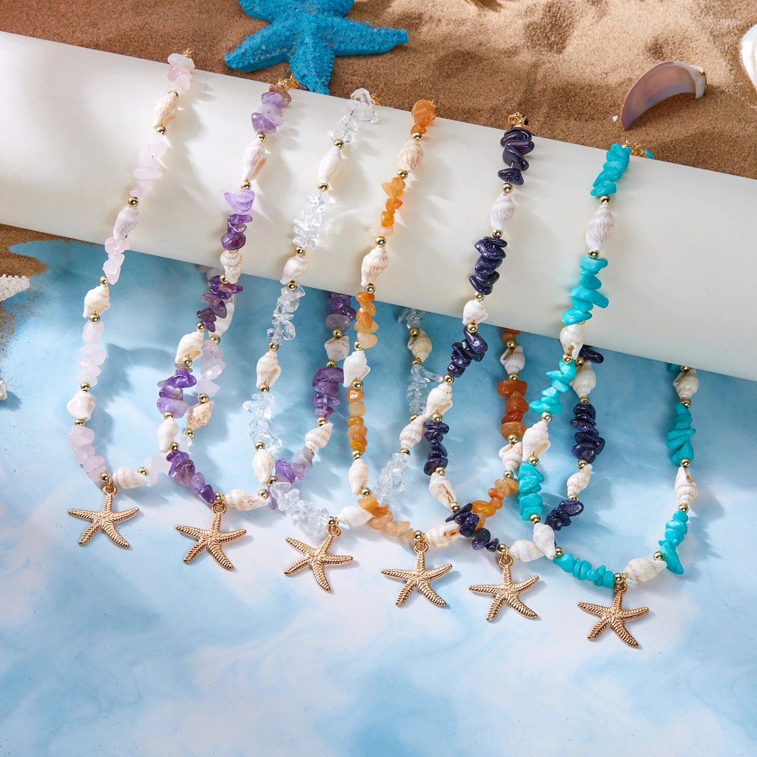 Bohemian Starfish Conch Pendant Necklaces For Women Colorful Irregular Stone Choker Neck Chain Girls Summer Beach Party Jewelry
