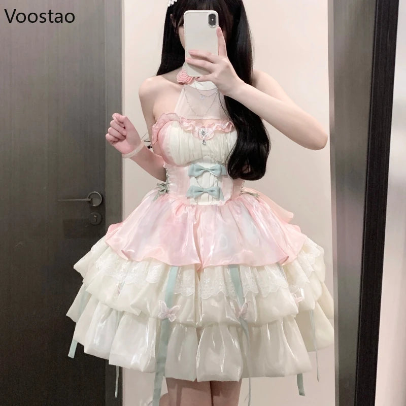 Vintage Victorian Lolita Princess Mini Dress Women Gothic Y2k Bow Lace Ruffles Sleeveless Party Dresses Girl Sweet Elegant Dress