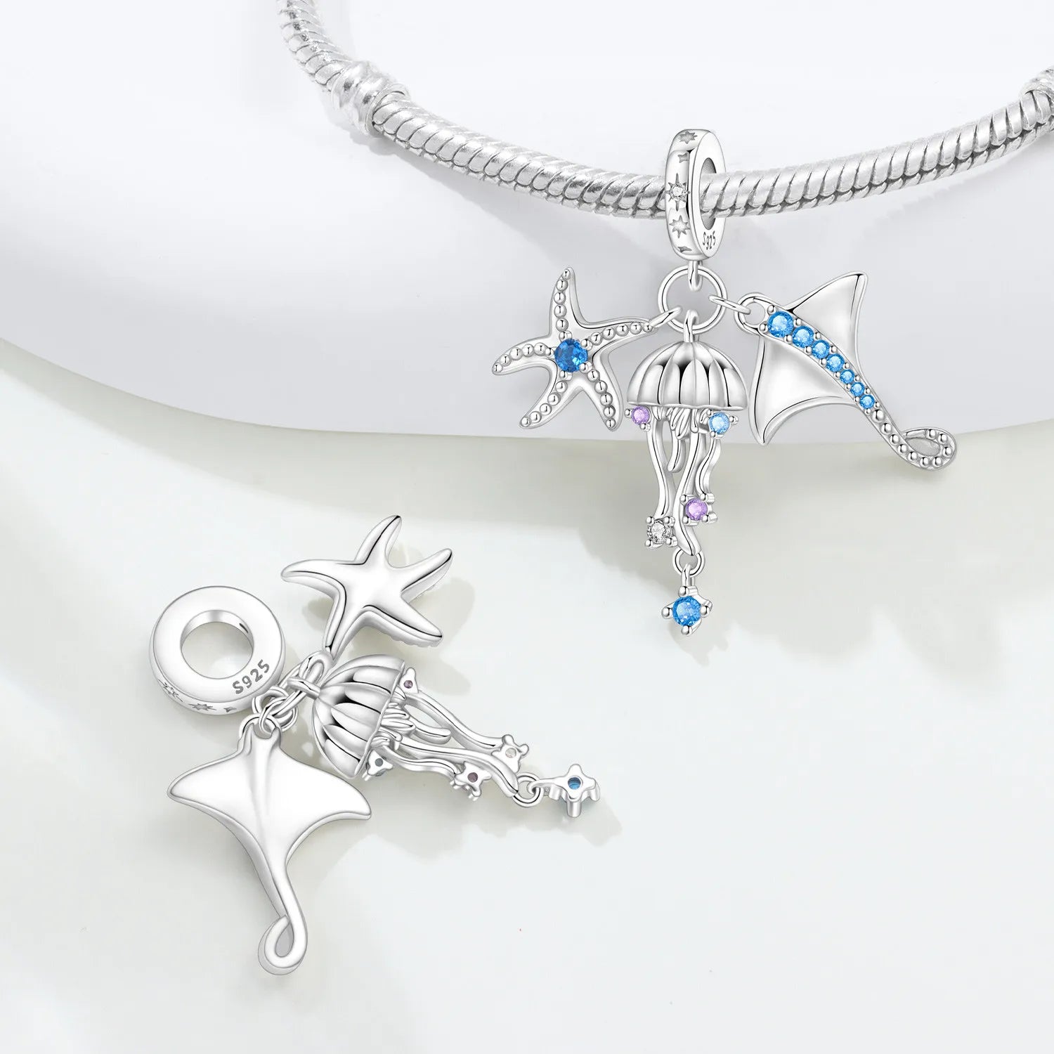 PANPOKI 925 Sterling Silver Sea Star Jellyfish Devil Fish Pendant Beads Original Pendants Bracelet Charm Jewelry Party DIY Gift