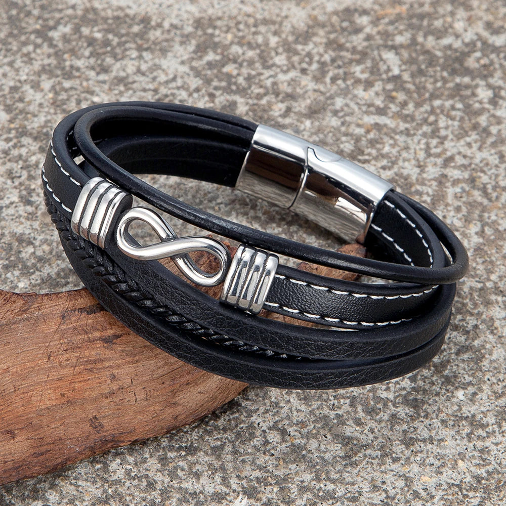 MKENDN Classic Men Square Knot Infinity Bracelet Woven Multilayer Braided Leather Bracelets For Women 316L Jewelry Gift