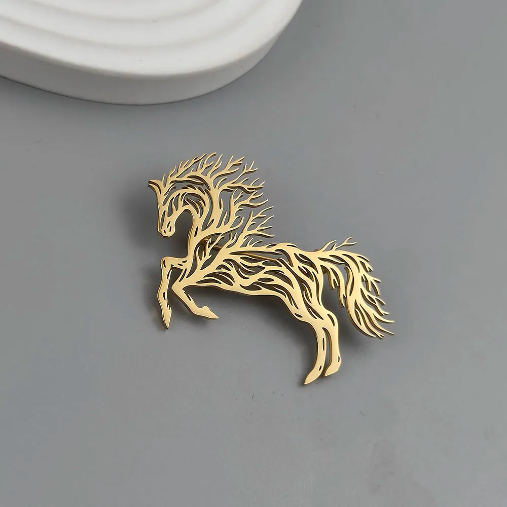 Original design branch running horse stainless steel gold-plated 18K brooch, suit lapel pin, men's formal dress accessories