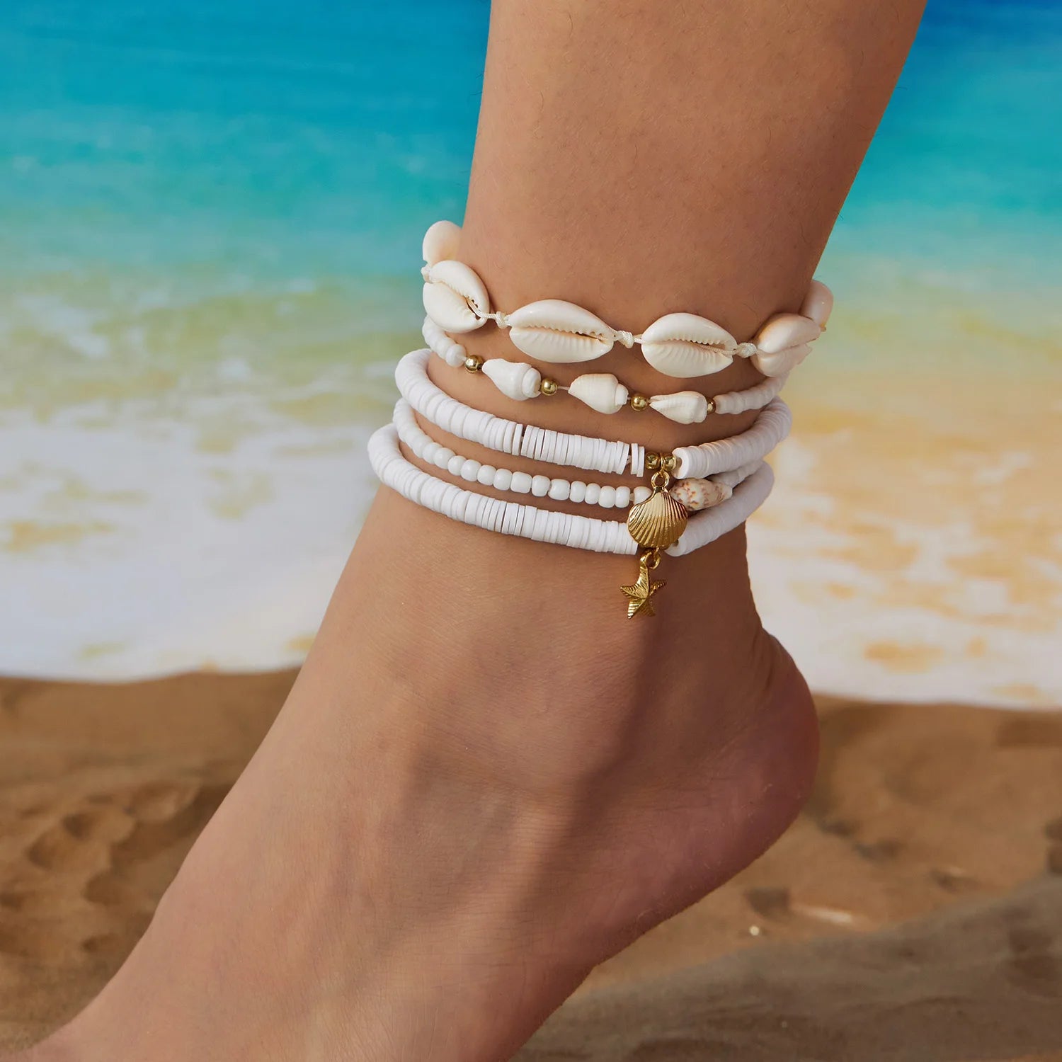 Bohemia Multilayer Rice Beads Anklet Set For Women Starfish Conch Shell Turtle Pendant Anklets Beach Ankle Chain On Leg Jewelry