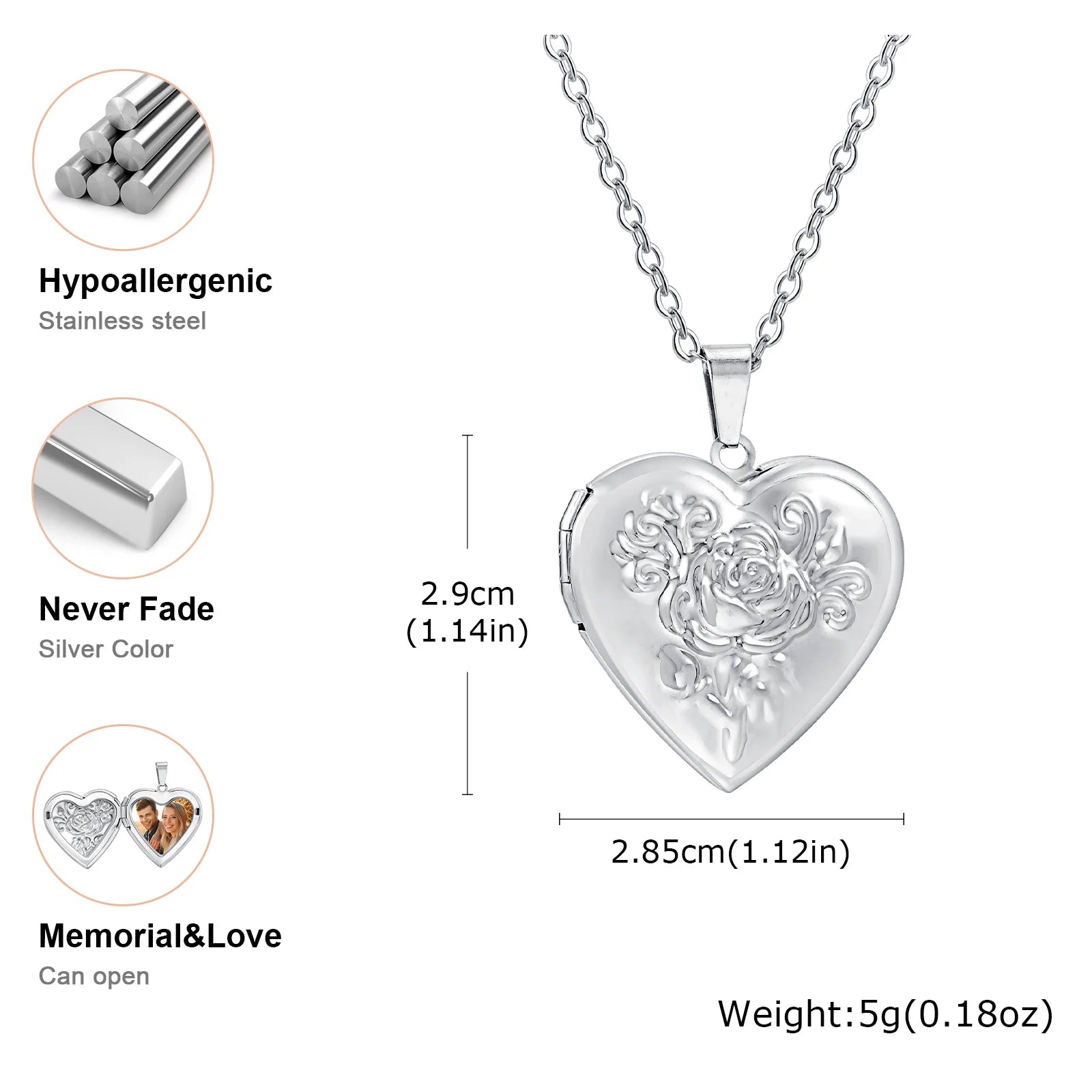 Vnox Light Heart Locket Pendants for Women Men Openable Photo Frame Glossy Stainless Steel Necklaces Family Love Collar