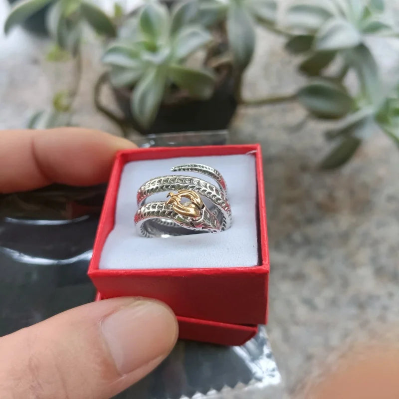 Buyee 925 Sterling Silber Einzigartiger großer Ring Ausgezeichnete gehörnte Schlange Offener Ringfinger für Mann Frau Rock Punk Edler Schmuck Kreis