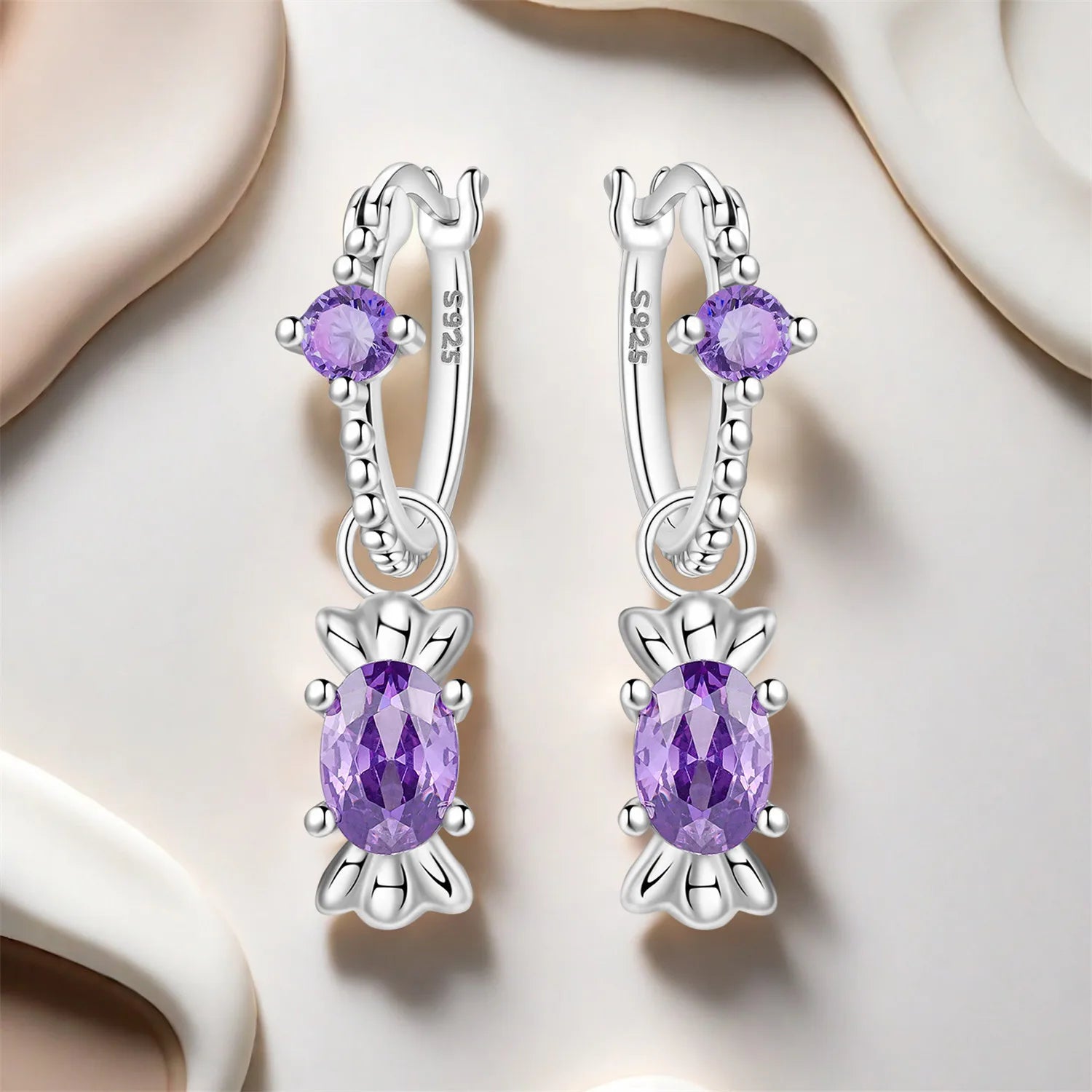 PANPOKI 925 Sterling Silver Purple Zircon Candy Earrings Original Jewelry Drop Earrings Jewelry Party Anniversary Gifts