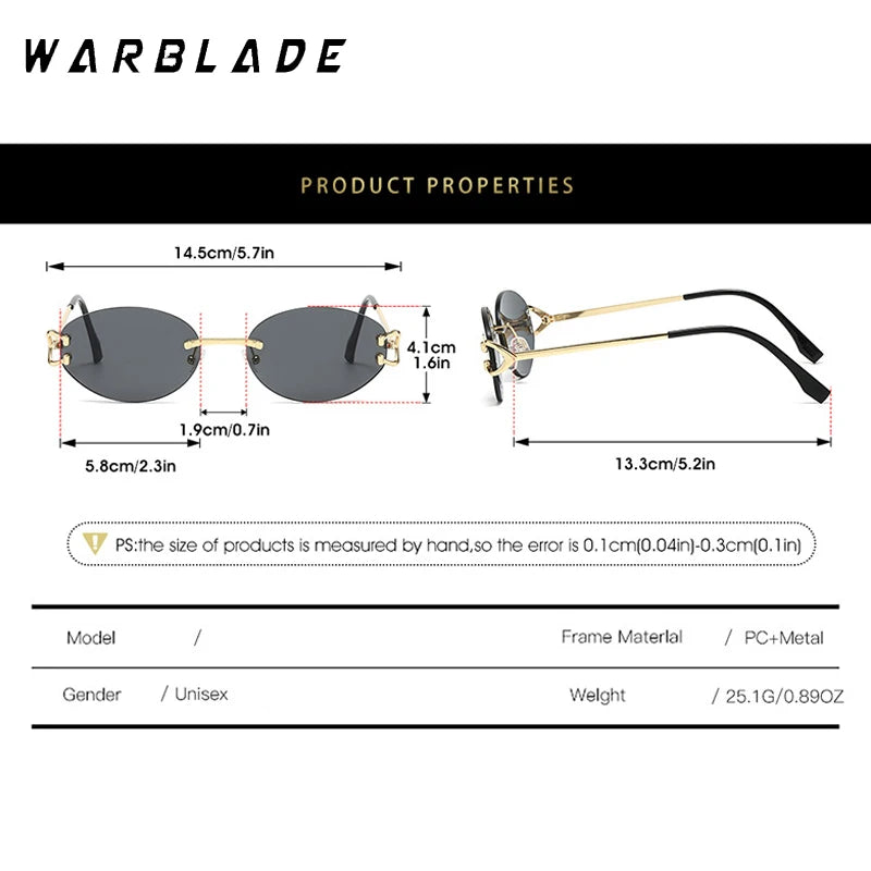 Lunettes de soleil ovales de marque de luxe pour hommes, petites lunettes de soleil carrées en métal sans monture pour femmes, verres dégradés, lunettes d'extérieur UV400