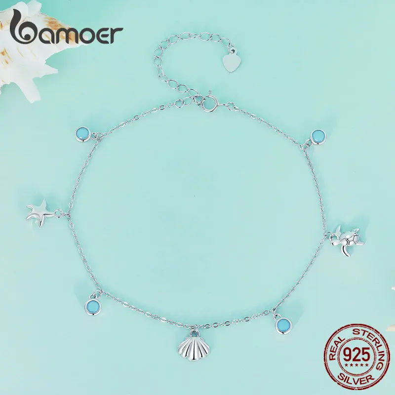 Bamoer 925 Sterling Silver Seastar and Shell Pendant Anklet Simple Chain Foot Jewelry for Women Platinum Plated Summer Jewelry