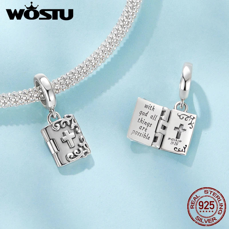 WOSTU 925 Sterling Silver Religious Openable Bible Book Charm Cross Faith Pendant Celtic Knot bead Fir Bracelet DIY Family Gift