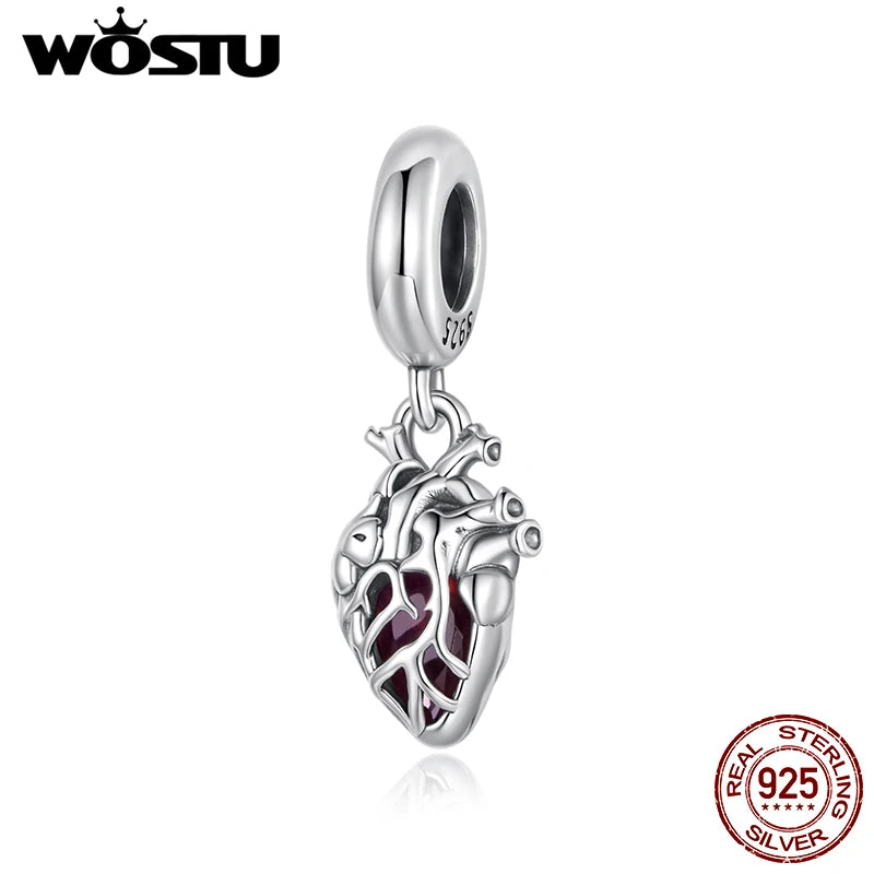WOSTU 925 Sterling Silver Anatomical Skull Charms Red Heart Pendant Murano Glass Beads for Bracelet Making, DIY Jewelry Findings