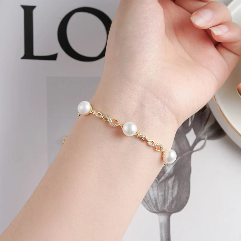 OXTAO 8mm Natural White Freshwater Pearl Zircon Bracelet 925 Sterling Silver Adjustable Chain Fashion Jewelry Gift Wholesale