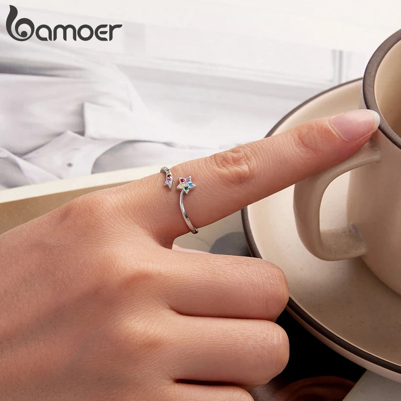 BAMOER Rainbow Shooting Star Jewelry Set 925 Sterling Silver Hypoallergenic Earring Colorful Star Open Ring for Women Teens