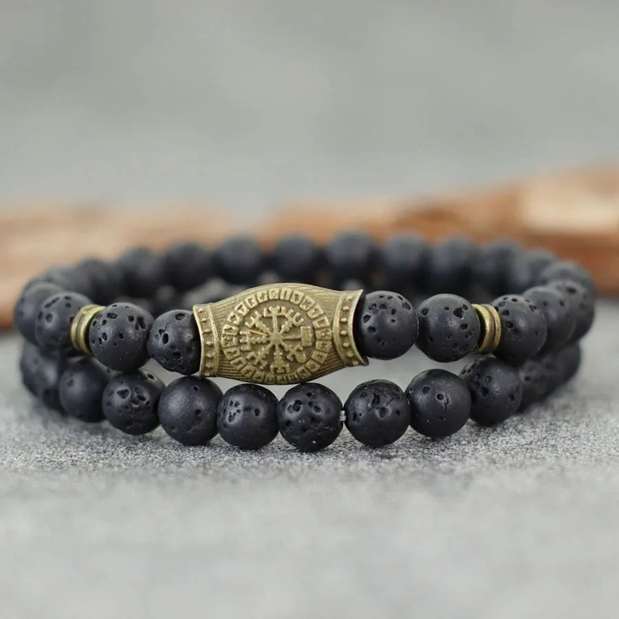 2Pcs Retro Viking Bracelet Set Men 8mm Volcano Howlite Hematite Stone Healing Braslet Meditation Yoga Prayer Strand Braclet Gift