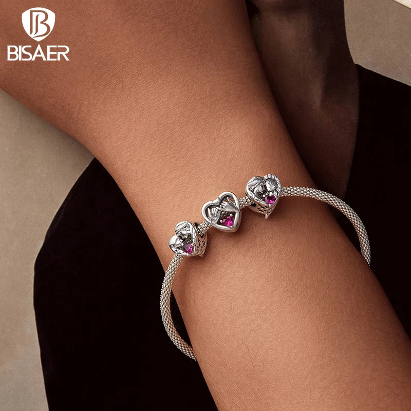 BISAER 925 Sterling Silver Heart Family Charm Angel Mother Child Hug Love Bead For Women Mother's Day DIY Bracelet Fine Jewelry