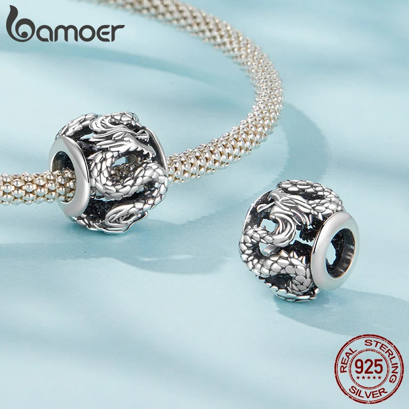 BAMOER 925 Sterling Silber Phönix Fliegender Drache Charm Perle Passend für Original Armbänder, Runde Hohlperlen DIY Schmuckzubehör