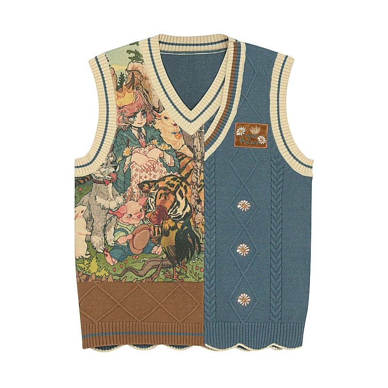 Vintage Sweet Sweater Vest Spring Autumn Women Casual Cartoon Jacquard Knitted Jumpers Tops Female V-Neck Waistcoat Knitwear