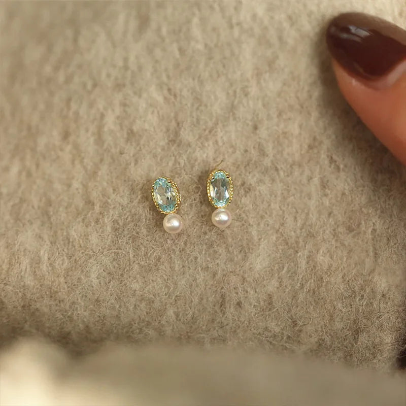 925 Sterling Silver Blue Zircon Pearl Stud Earrings for Women Korean Simple Temperament Jewelry Accessories