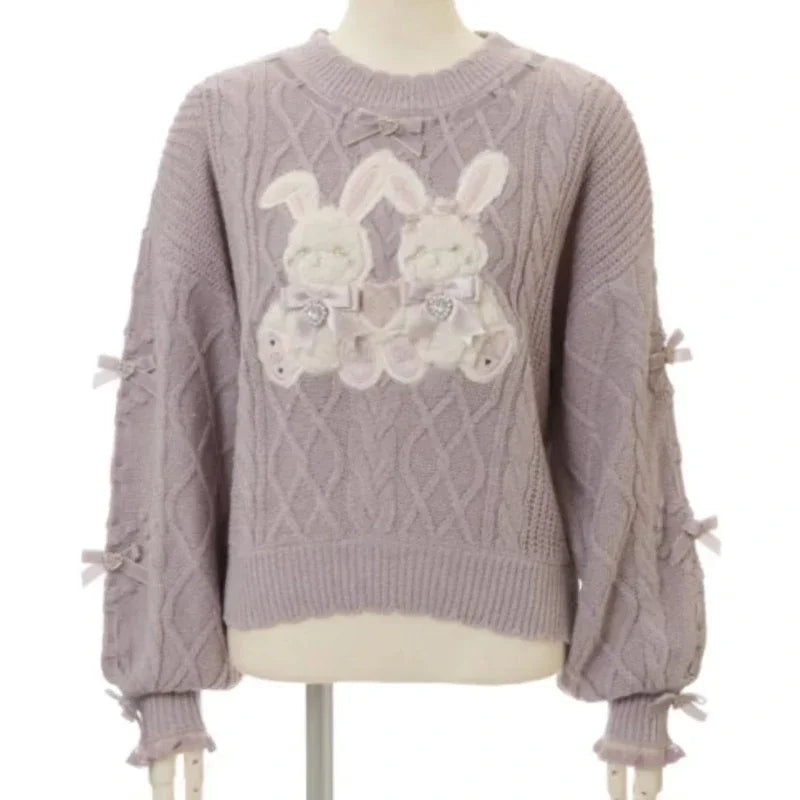 Sweet Lolita Cartoon Plush Bear Bunny Knitted Pullovers Women Harajuku Bow Pearl Ribbon Sweaters Japanese Girls Knitwear Tops - Madeinsea©
