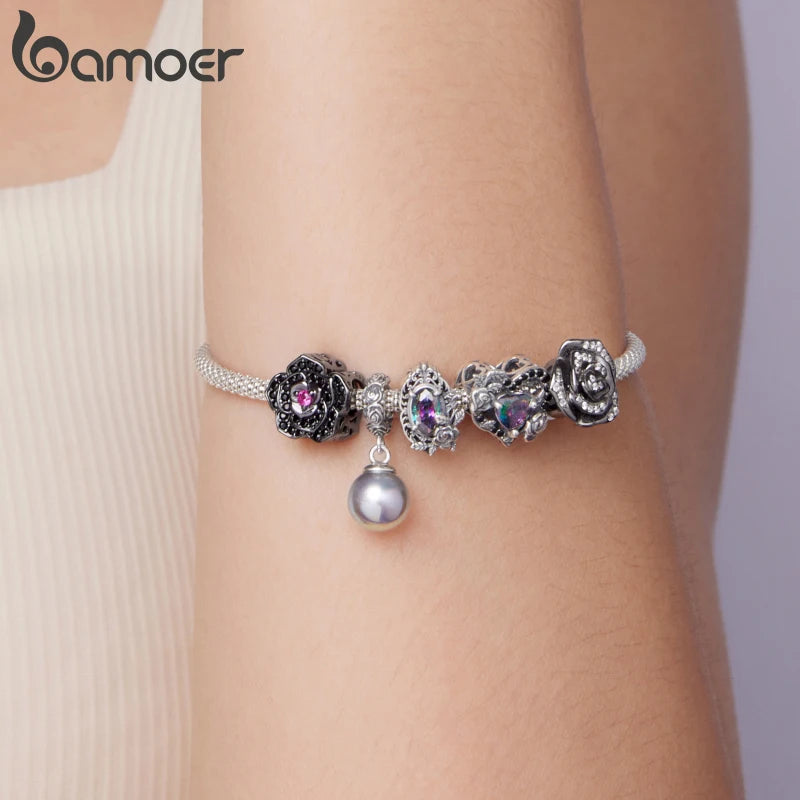Bamoer 925 Sterling Silver Dark Rose Silicone Beads Vintage Flower Pearl Pendant for Women DIY Bracelet Accessories Punk Gift