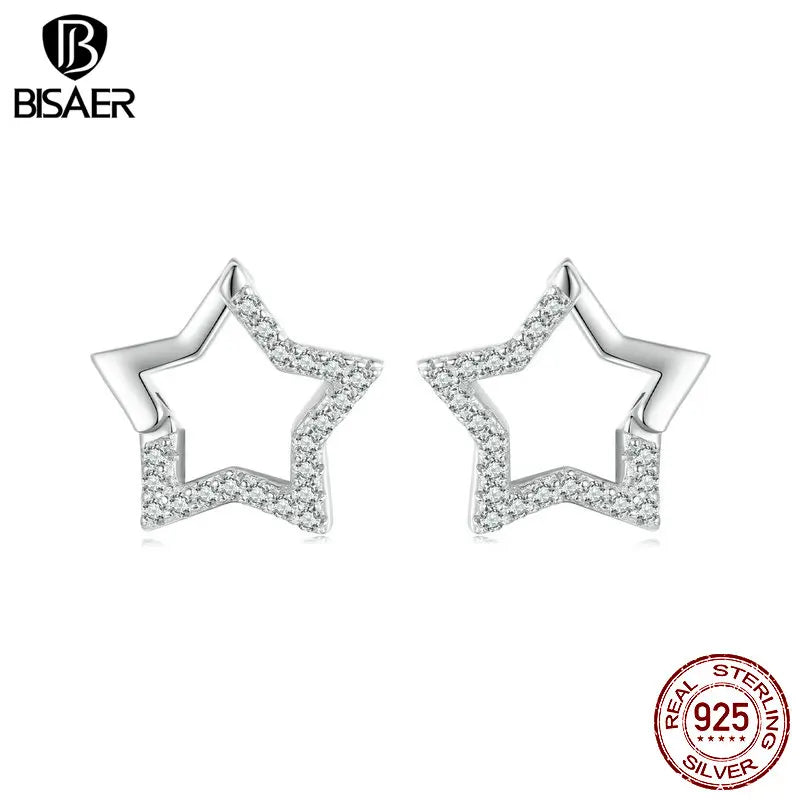 Boucles d'oreilles à tige en argent sterling 925 BISAER en forme d'étoile éblouissante sertie de zircons pavés plaqués or blanc bijoux fins pour femme cadeau de fête