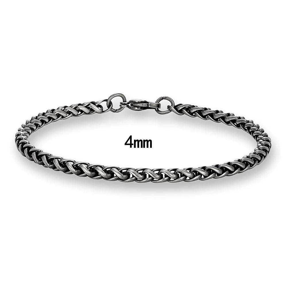 MKENDN Thickness 2/3/4/5/6mm Vintage Oxidized Black Wheat Braided Stainless Steel Bracelet Classic Curb Link Chain for Men Women