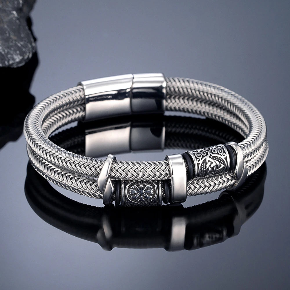 MKENDN Viking Style Men Jewelry Non-fading Steel Wire Rope Bracelet Norse Compass Runes Amulet Luxury Male Wristband Gifts