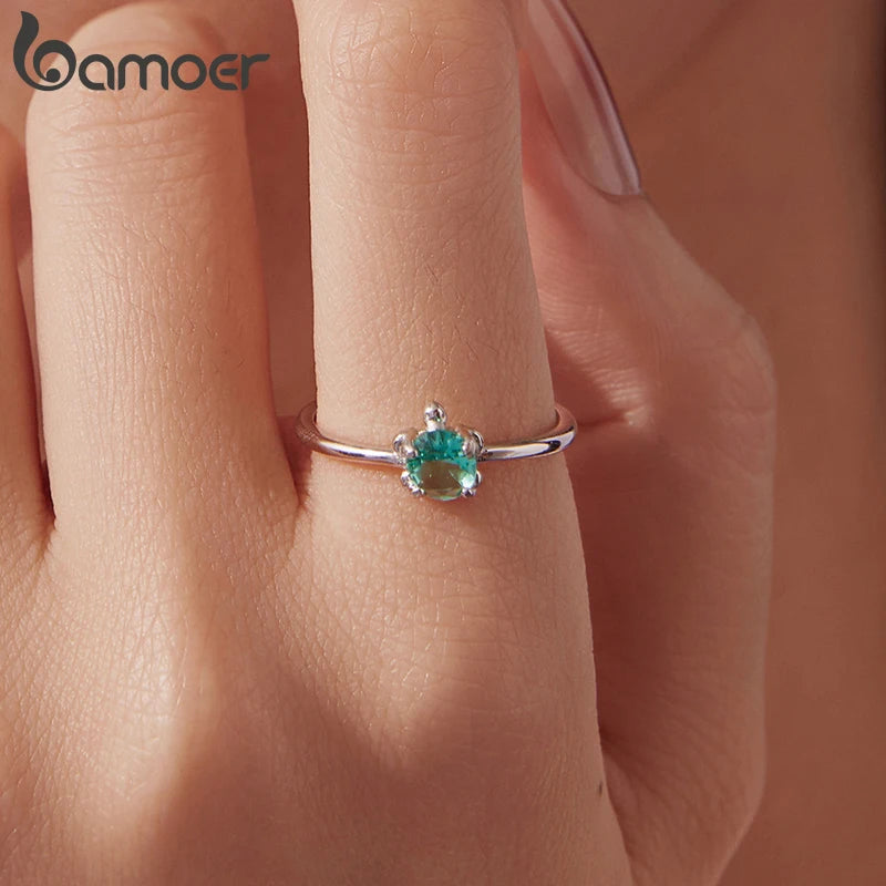 Bamoer 925 Sterling Silver Blue Turtle Open Ring Adjusable Transparent Glass Animal Ring for Women Teens Cute Xmas Wishes Gift