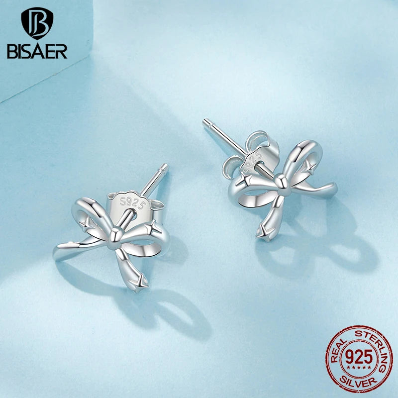 BISAER Solid 925 Sterling Silver Bow Stud Earrings Bowknot Hypoallergenic Stud Ear Plated Gold for Romantic Women Fine Jewelry