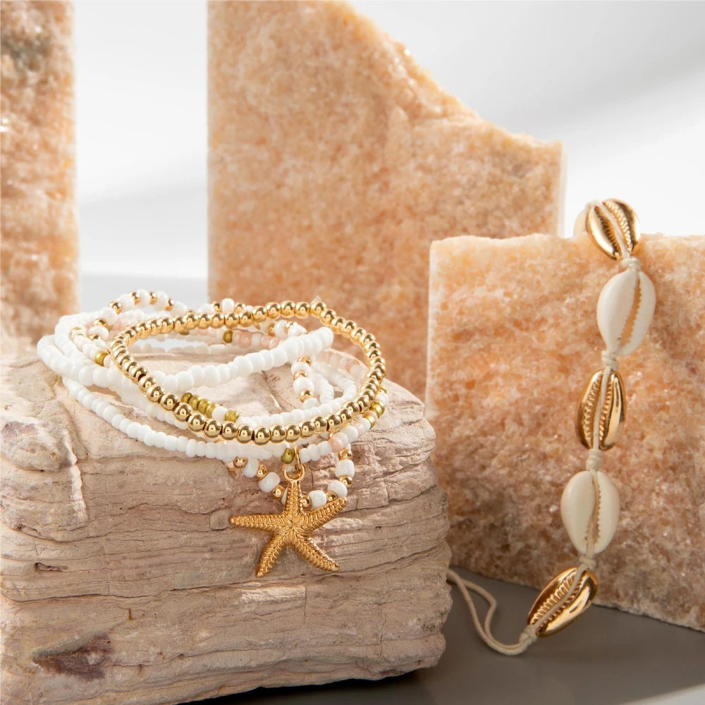 Bohemian Vacation Style Bracelets for Women Shell Beaded Weaving Bracelet Beads Seven Piece Set Bracelet Beach Photo Jewelry