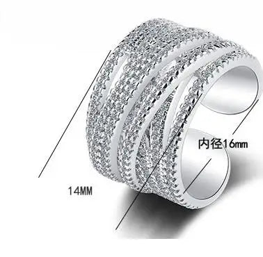 Bague en argent sterling 925 et moissnaïte pour femme, ornée d'une vague, sertie de diamants de laboratoire scintillants et de plusieurs couches. Bague large pour doigt.