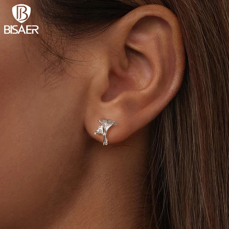 Boucles d'oreilles créoles en argent sterling 925 en forme de feuille de ginkgo plaqué or blanc pour fille, bijoux de mariage romantique, cadeau d'automne