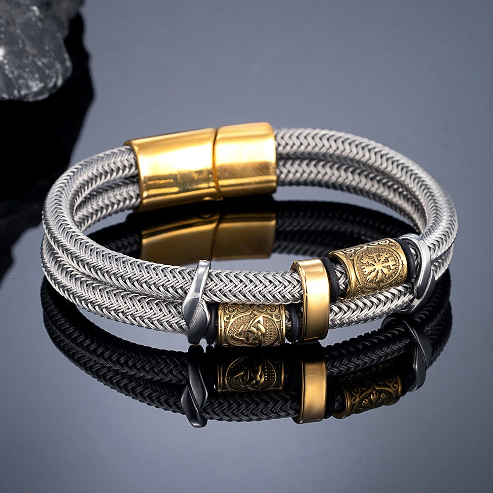 MKENDN Norse Mythology Viking Compass Runes Amulet Bracelet With Non-fading Steel Wire Rope Bracelet Men Classic Charm Bracelet