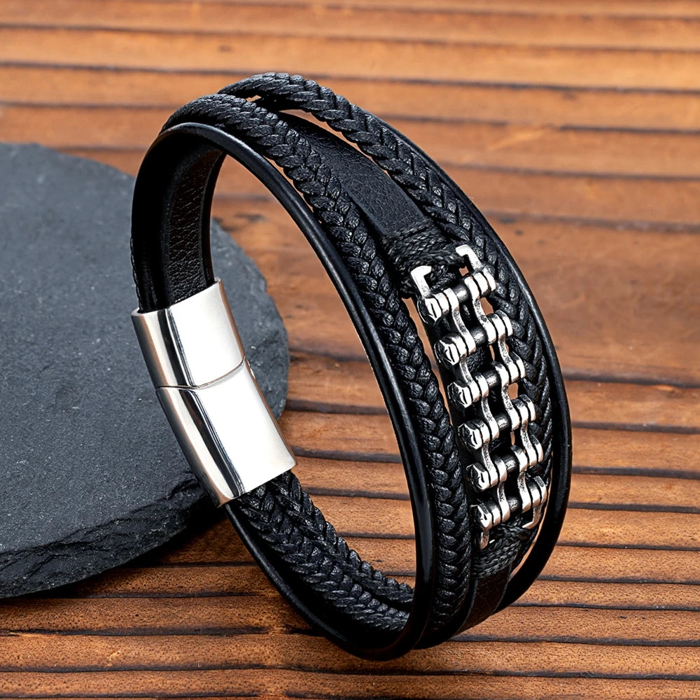 MKENDN Locomotive Men Biker Chain Braided Multi-layer Genuine Leather Bracelet Stainless Steel Magnetic Buckle Bracelet Homme