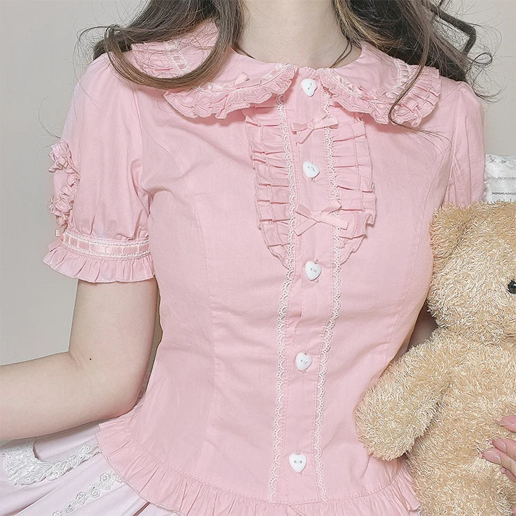 Japanese Sweet Lolita Blouses Women Kawaii Peter Pan Collar Puff Sleeve JK Cotton Shirts Girls Harajuku Cute Bow Blusas Mujer