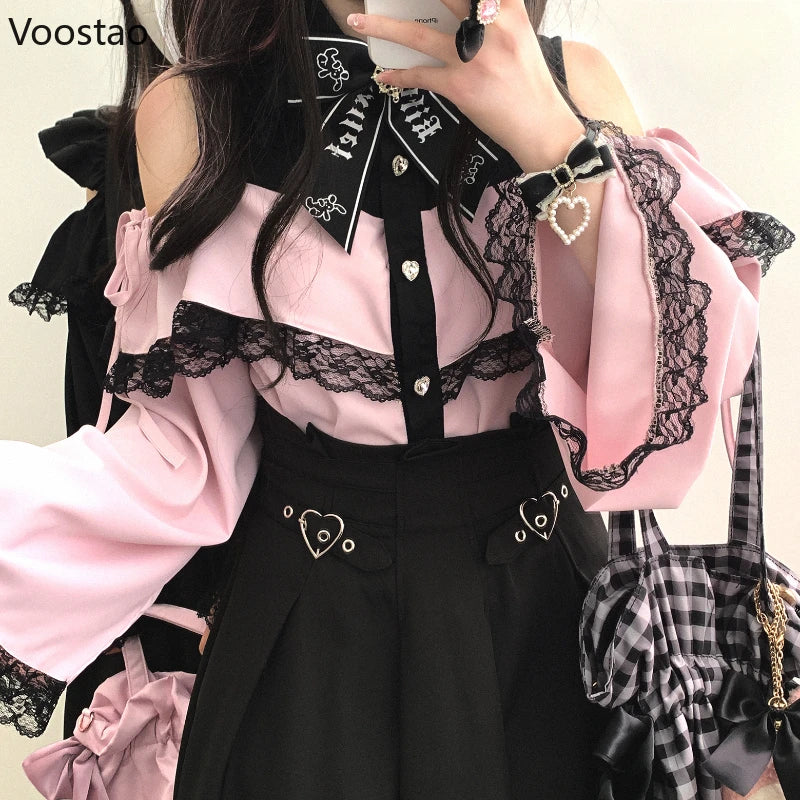 Japanese Gothic Lolita Shirts Women Vintage Kawaii Lace Ruffles Off Shoulder Long Sleeve Blouses Y2k Aesthetic Sweet Tops Blusas